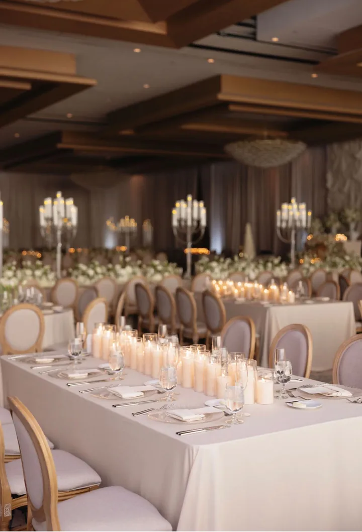 Candlelit reception with rows of pillar candles and candelabras