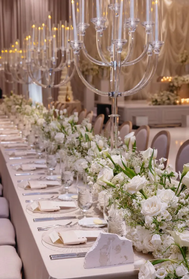 Clear glass candelabras above a long table set with ribbed chargers