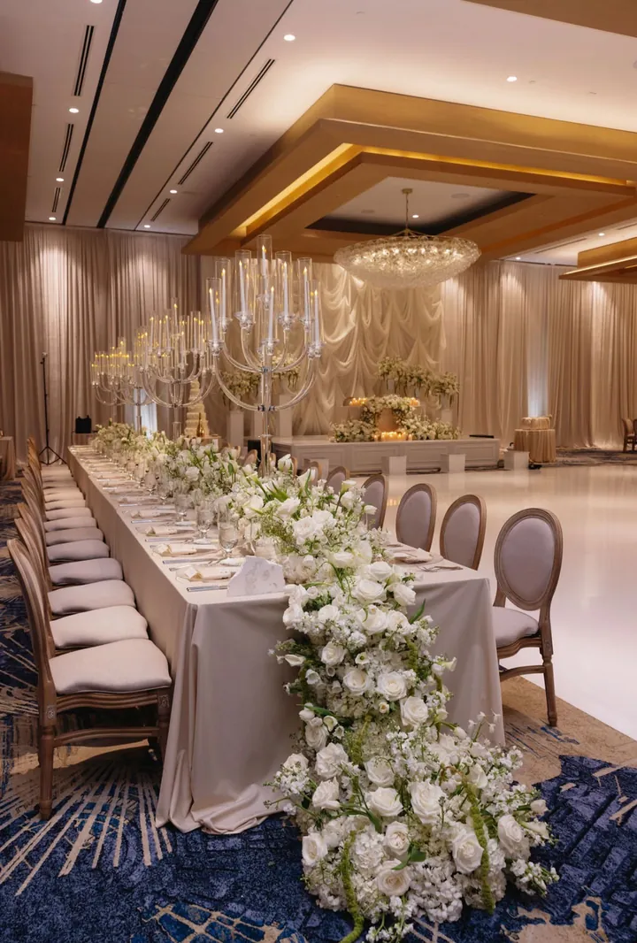 Head table with a white floral runner spilling to the floor